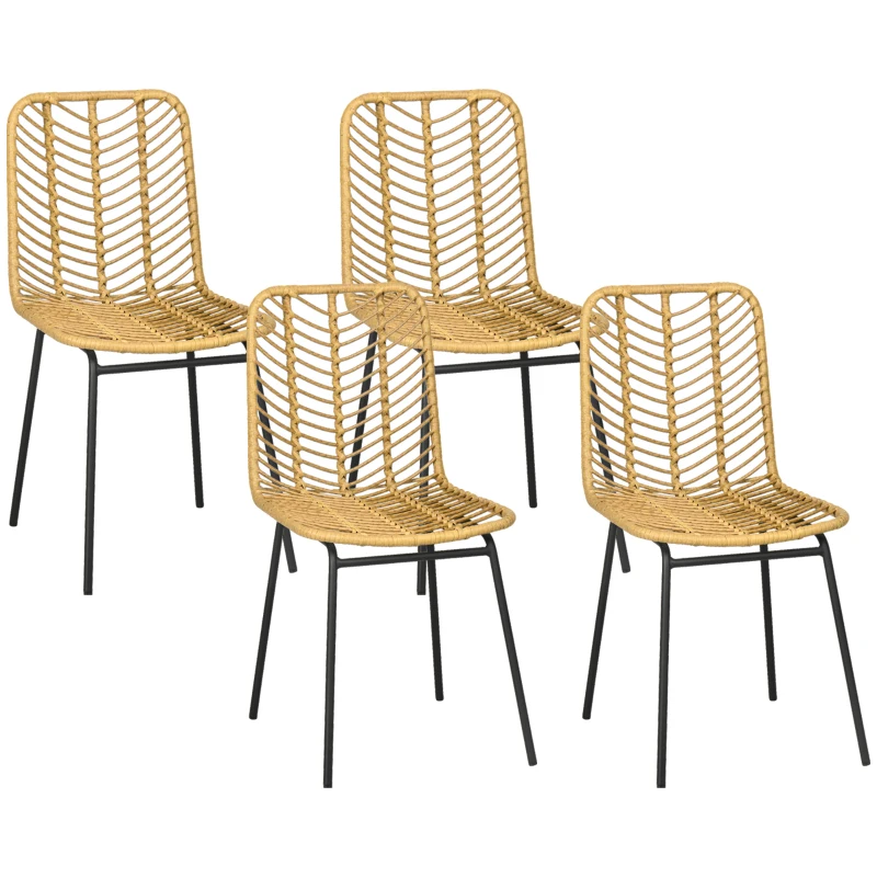 HOMCOM Lot de 4 chaises de salle à manger design bohème en résine tressée et piètement métal 44 x 58 x 85 cm jaune
