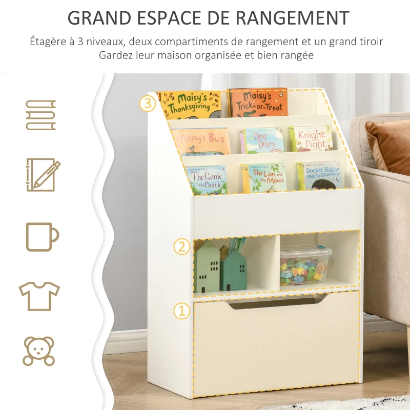 HOMCOM Bibliothèque étagère Multi-Rangement 3 étagères 2 niches Grand tiroir en bois Blanc