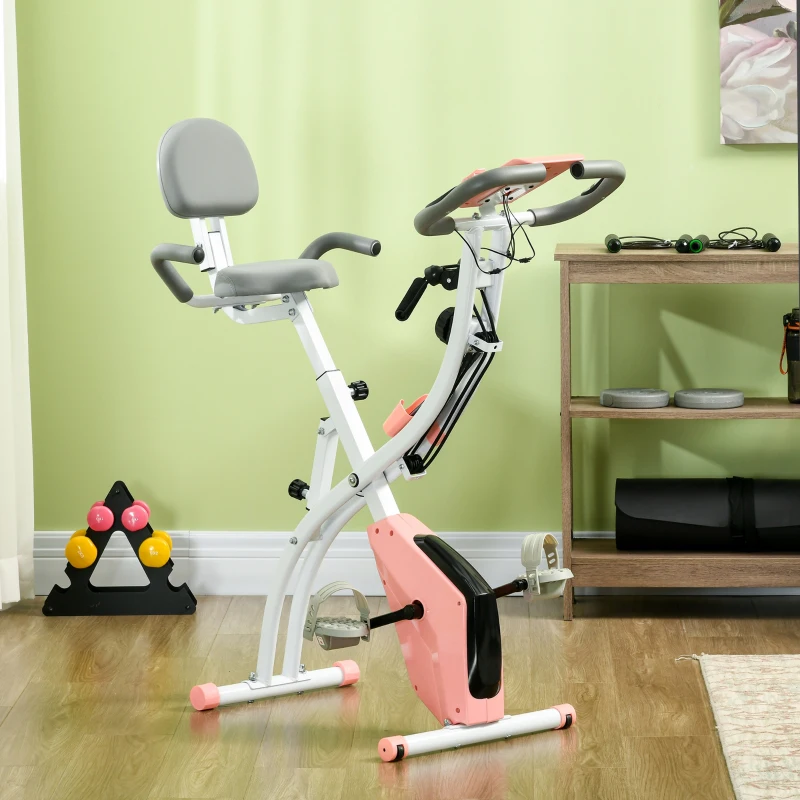 HOMCOM 2-in-1 Folding Exercise Bike with 8-Level Magnetic Resistance, Arm Resistance Band, Pulse Sensor, Pink(m-3)