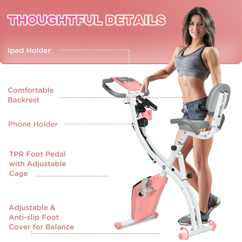 HOMCOM 2-in-1 Folding Exercise Bike with 8-Level Magnetic Resistance, Arm Resistance Band, Pulse Sensor, Pink(m-10)