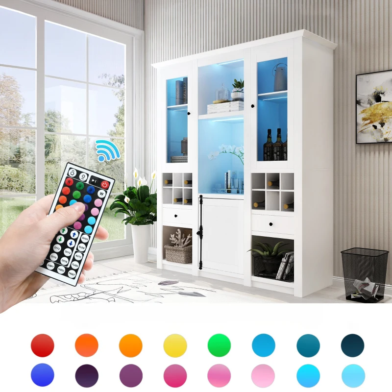 Vetrina Moderna con Illuminazione LED Multicolore, Spazio Vino e Cassetti, Bianco