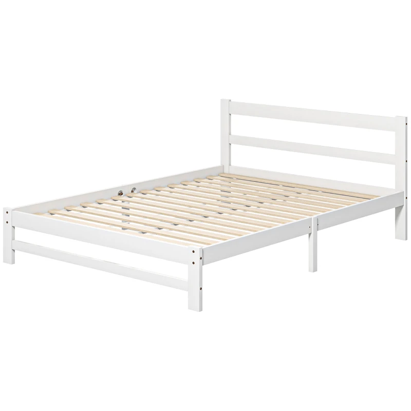 HOMCOM Estrutura de Cama de Madeira Estrado de Cama de Casal para Colchão 190x135 cm Carga 300 kg 195x141x80 cm Branco