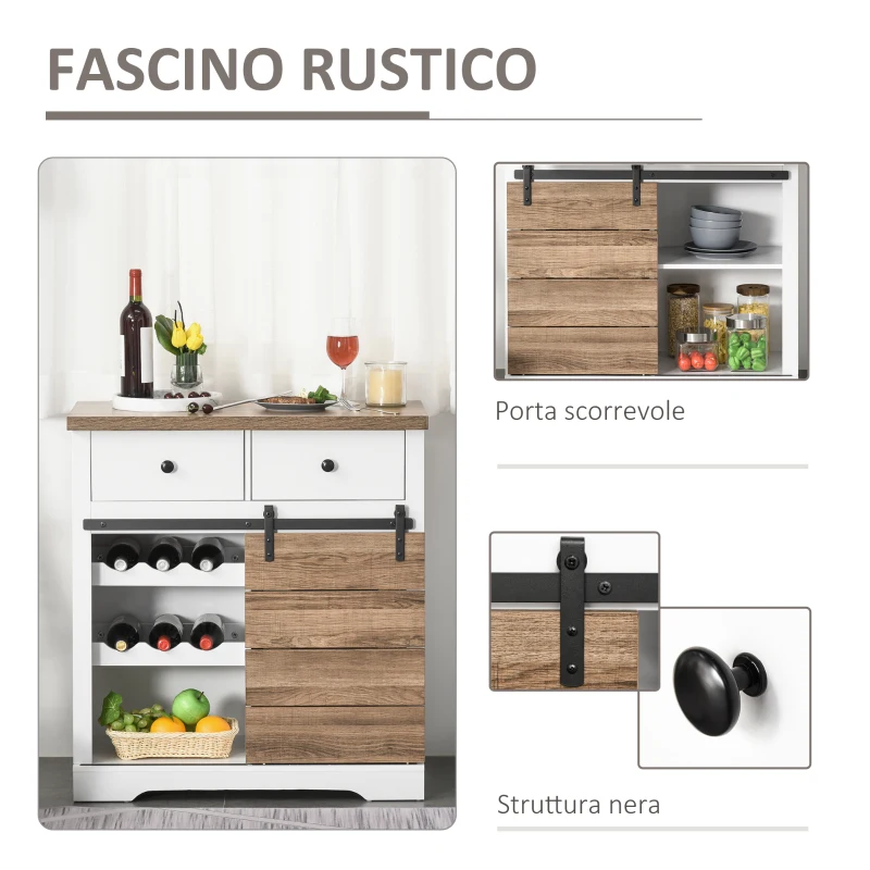 HOMCOM Mobile da Cucina Rustico con 2 Cassetti, Ripiani Aperti e Portabottiglie, in Legno e Metallo, 80x39x86 cm