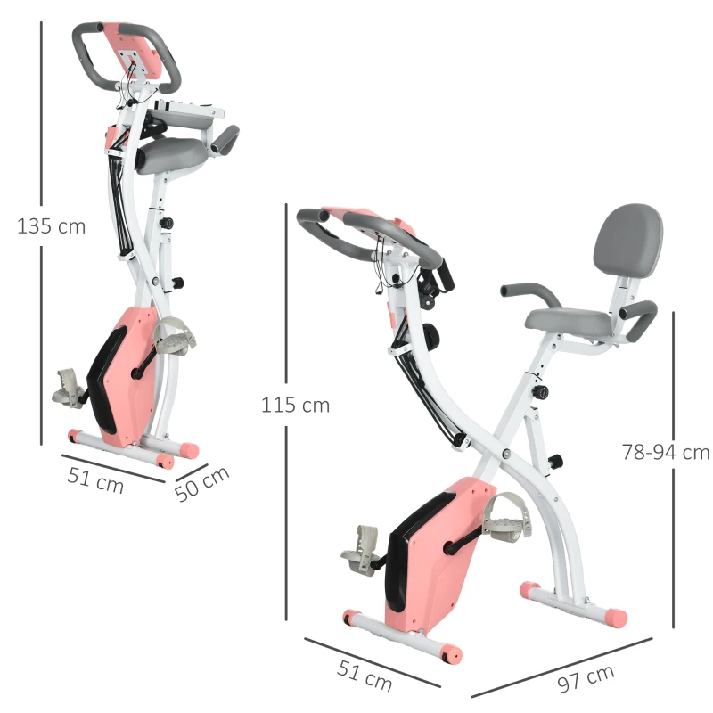 HOMCOM 2-in-1 Folding Exercise Bike with 8-Level Magnetic Resistance, Arm Resistance Band, Pulse Sensor, Pink(m-4)