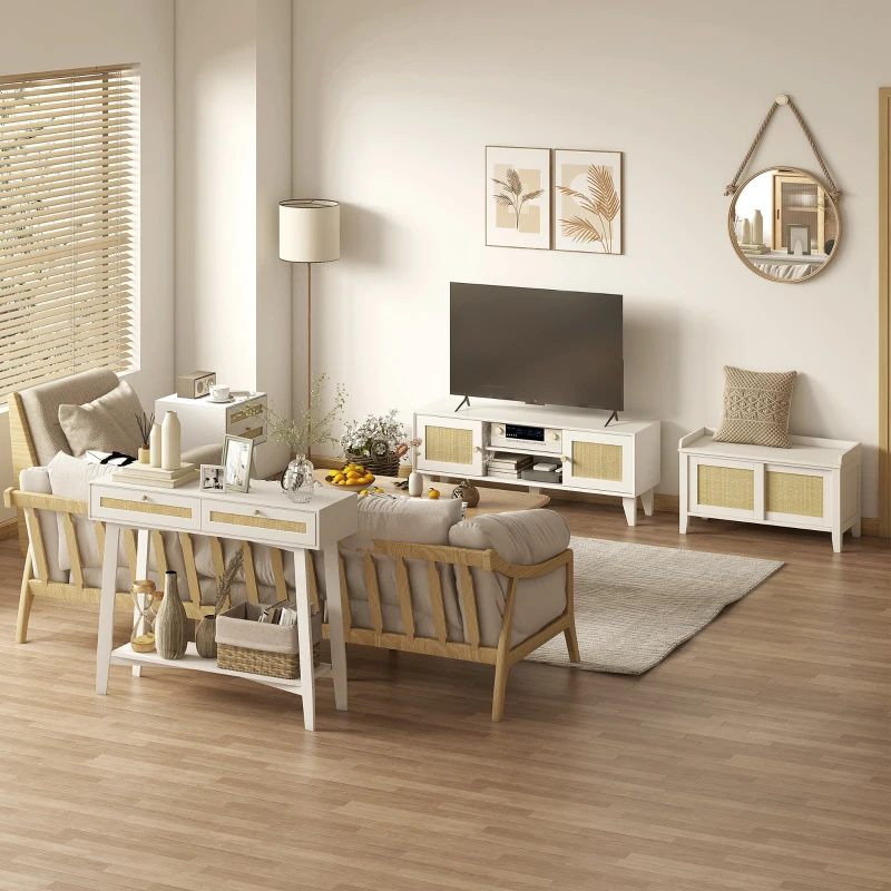 HOMCOM Mesa de Cabeceira Branca Estilo Boho com 2 Gavetas e Decoração de Vime para Quarto Sala de Estar 40x40x60 cm