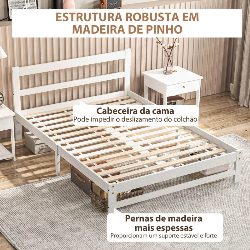HOMCOM Estrutura de Cama de Madeira Estrado de Cama de Casal para Colchão 190x135 cm Carga 300 kg 195x141x80 cm Branco