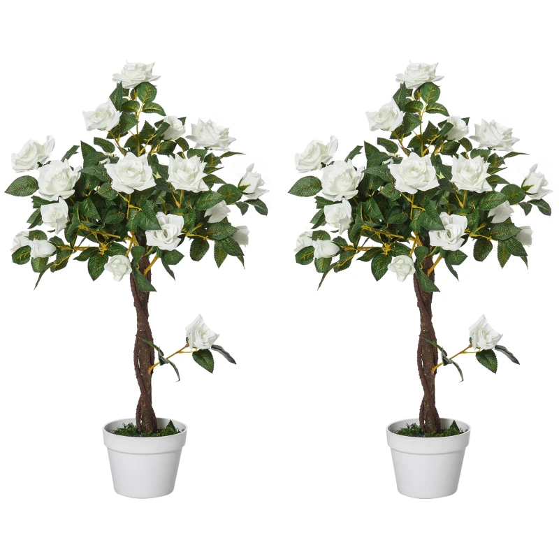 Outsunny Conjunto de 2 Plantas Artificiais Rosas Artificiais com 21 Flores e Vaso de Cimento para Decoração de Casa Verde e Branco