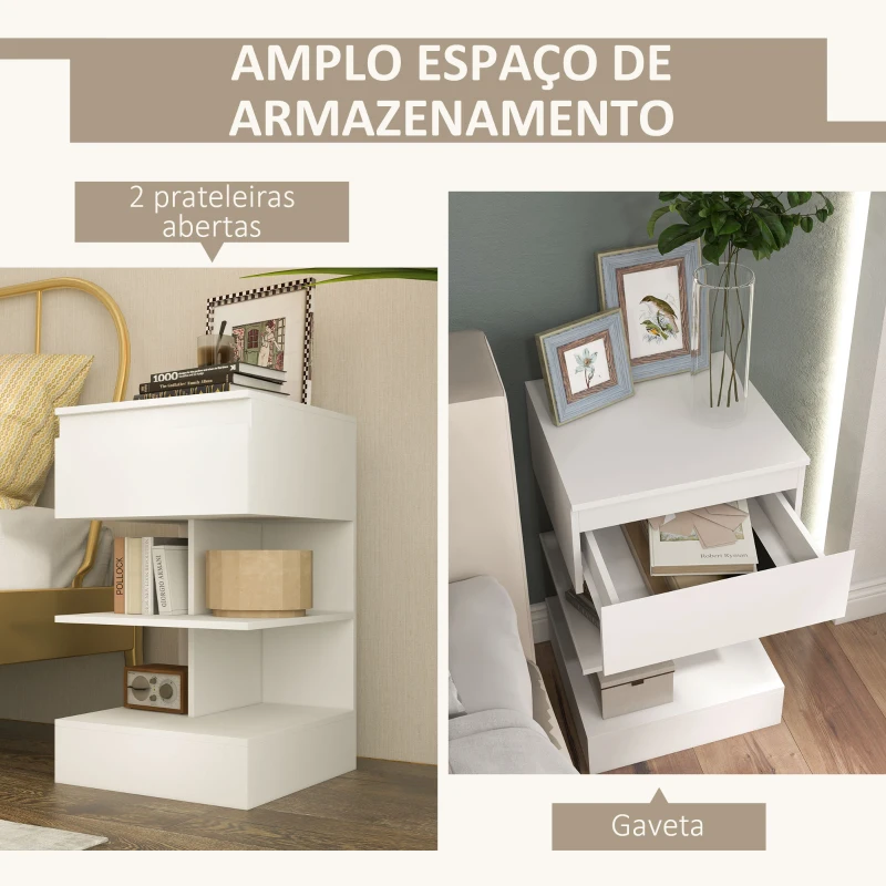 HOMCOM Mesa de Cabeceira Mesa Auxiliar com 1 Gaveta e 2 Prateleiras Abertas para Quarto Sala Estilo Moderno 39x39x65 cm Branco