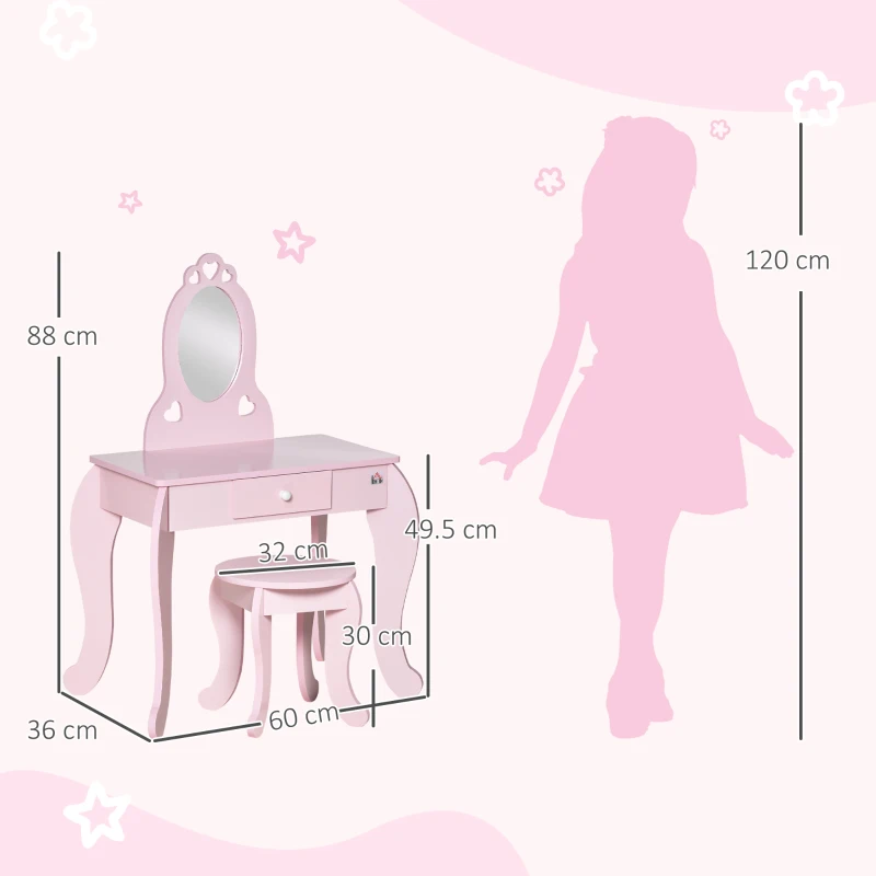 HOMCOM Tavolo Trucco per Bambini con Sgabello in Legno, Toeletta con Specchio e Cassetto, 60x36x88cm, Rosa