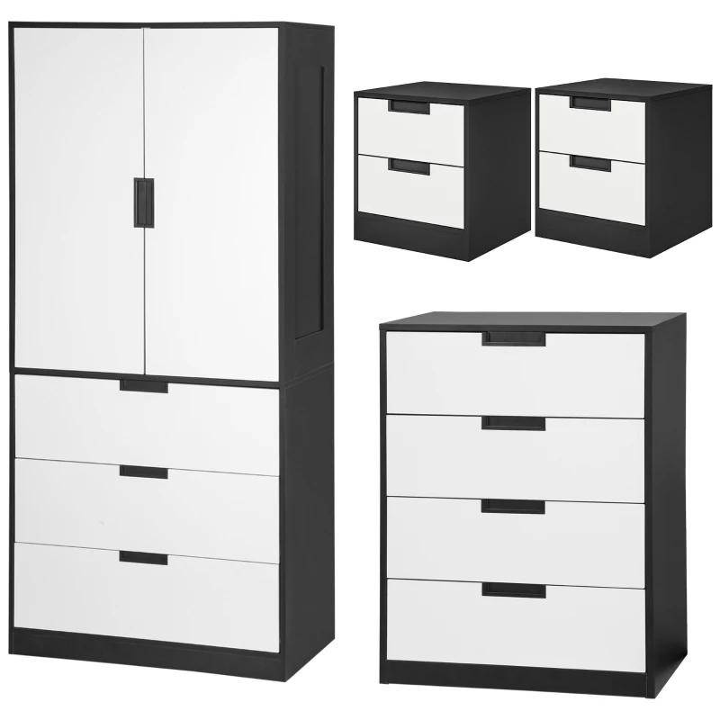 HOMCOM Bedroom Furniture Set, Wardrobe with Hanging Rod, 4 Drawer Chest of Drawers, 2 Bedside Tables with Storage, White and Black