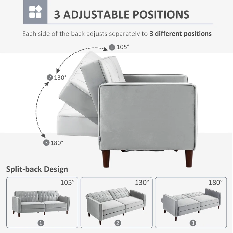 HOMCOM Modern Convertible Sofa Futon Velvet-Touch Tufted Couch Compact Loveseat with Adjustable Split Back, Light Grey