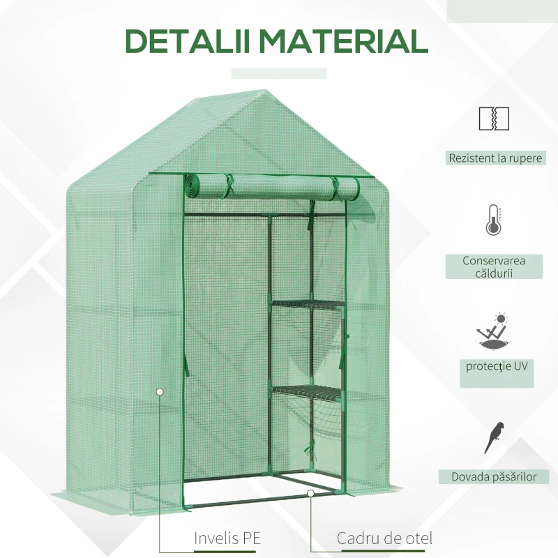 Outsunny Sera de Gradina din Otel si Plastic PE cu 4 Rafturi, Franghii si Tarusi  Inclusi, 141x72x191 cm, Verde