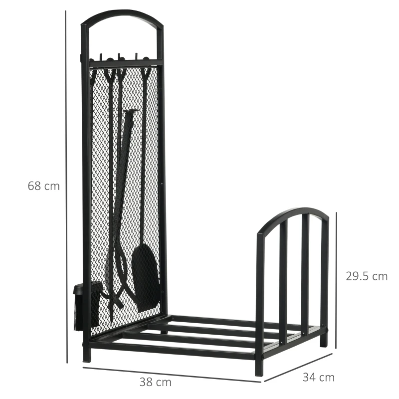 HOMCOM Portalegna da Interno ed Esterno in Metallo con Ganci e 4 Attrezzi Inclusi, 39x39x68cm, Nero