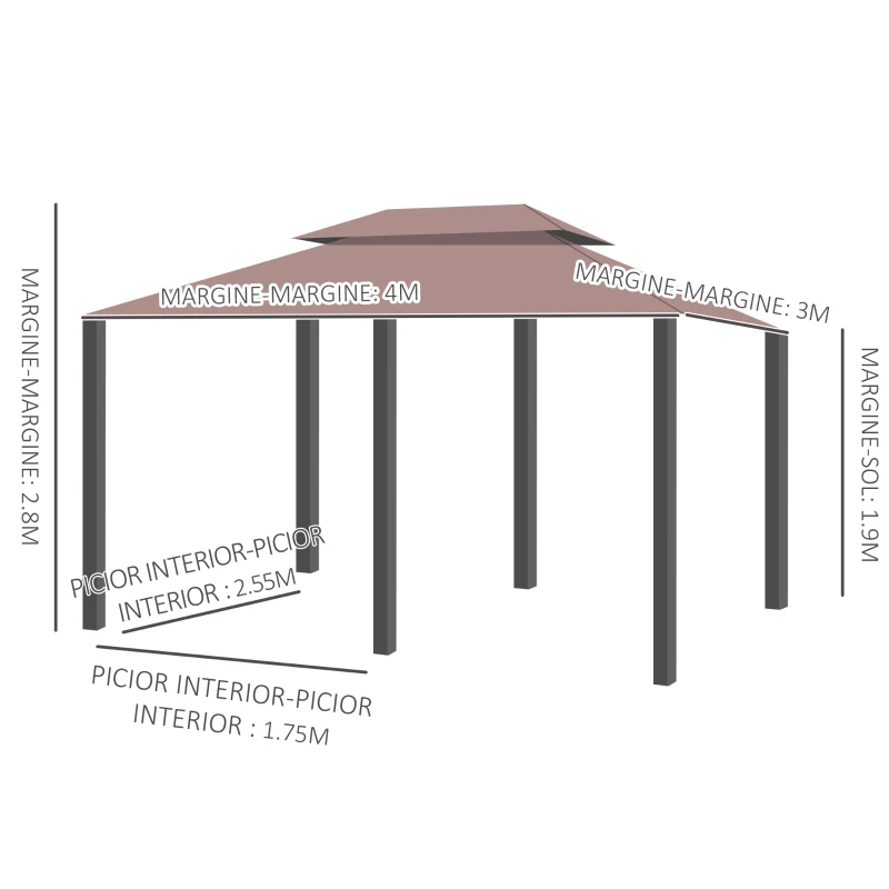 Outsunny Foisor din Otel cu Acoperis Dublu si Perdele Impermeabile culoare kaki 4 x 3 m