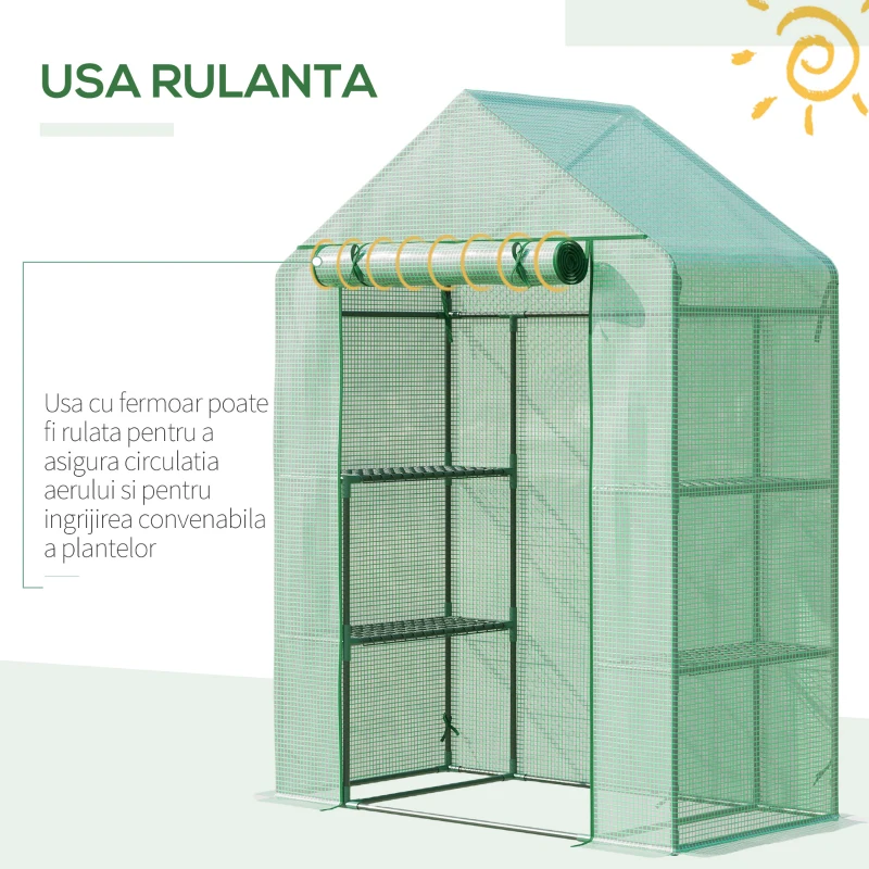 Outsunny Sera de Gradina din Otel si Plastic PE cu 4 Rafturi, Franghii si Tarusi  Inclusi, 141x72x191 cm, Verde