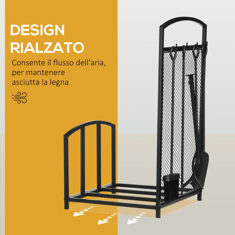 HOMCOM Portalegna da Interno ed Esterno in Metallo con Ganci e 4 Attrezzi Inclusi, 39x39x68cm, Nero