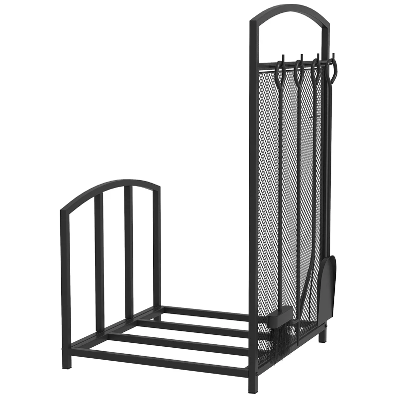HOMCOM Portalegna da Interno ed Esterno in Metallo con Ganci e 4 Attrezzi Inclusi, 39x39x68cm, Nero