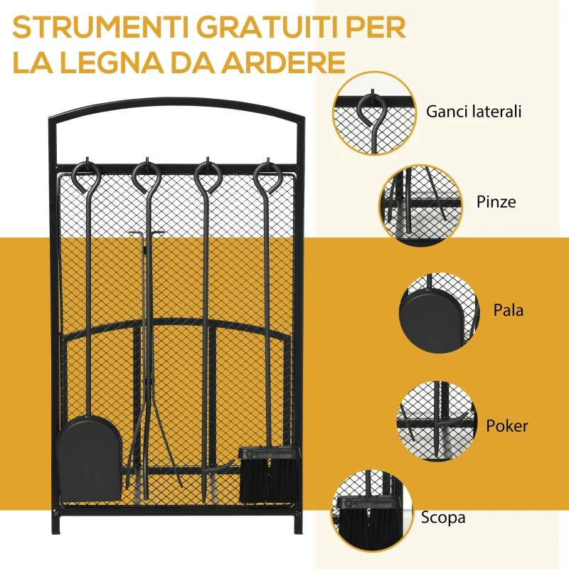 HOMCOM Portalegna da Interno ed Esterno in Metallo con Ganci e 4 Attrezzi Inclusi, 39x39x68cm, Nero
