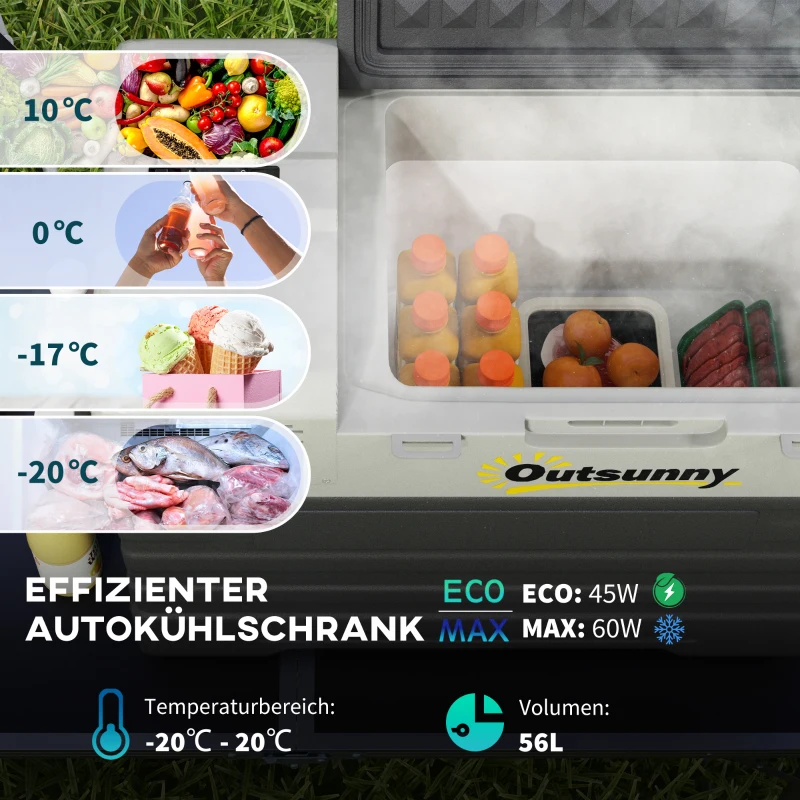 Outsunny Autokoelkast, Koelbox, mobiel, 56L -20℃ tot 20℃, 69x43x54cm, Zwart/Grijs
