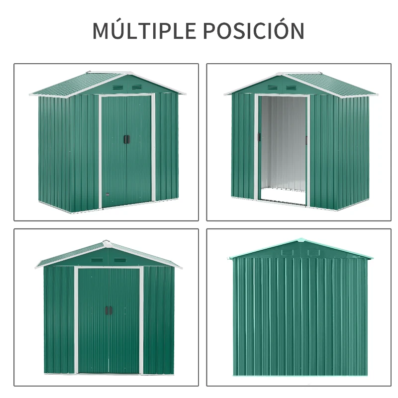 Outsunny Caseta de Jardín 2,2 m² 194x110x184 cm Cobertizo de Acero Galvanizado para Almacenamiento de Herramientas con Puerta Corrediza y 4 Ventanas para Terraza Exterior Verde