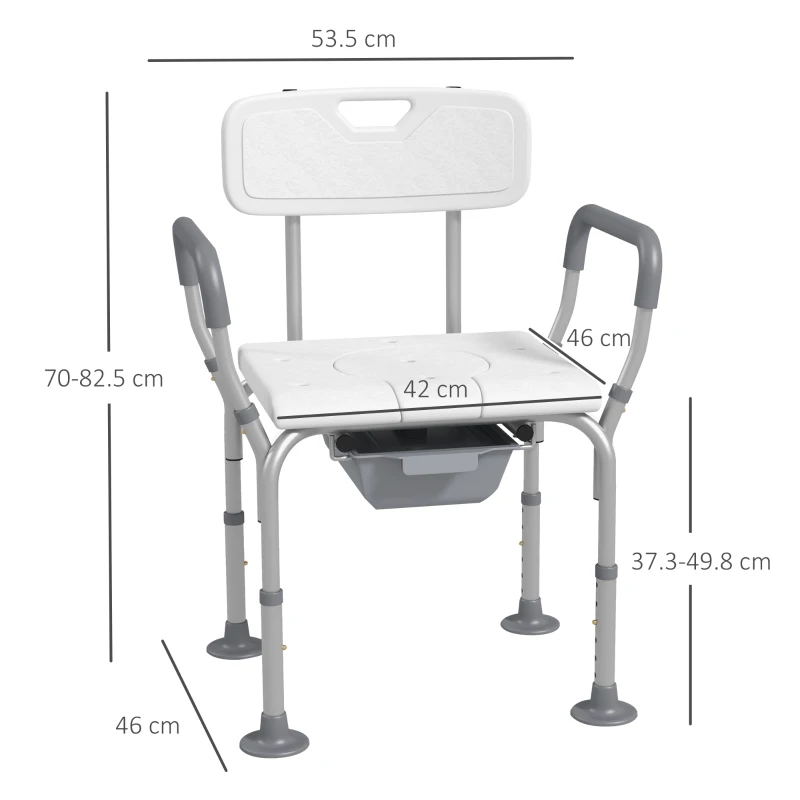 HOMCOM Scaun de Dus 3 in 1 cu Spatar si Brate, Toaleta langa Pat cu Inaltime Reglabila, Scaun de Toaleta Ridicat cu Placuta de Picior  pentru Seniori, Femei Insarcinate, Persoane cu Dizabilitati, Alb