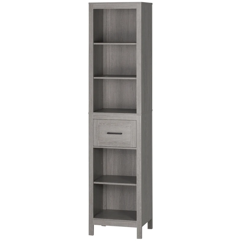 kleankin Coluna Casa de Banho com 1 Gaveta e Prateleiras Abertas Móvel Auxiliar de Armazenamento Anti-Tombo 42x30x170cm Cinza