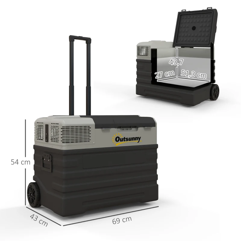 Outsunny Autokoelkast, Koelbox, mobiel, 56L -20℃ tot 20℃, 69x43x54cm, Zwart/Grijs