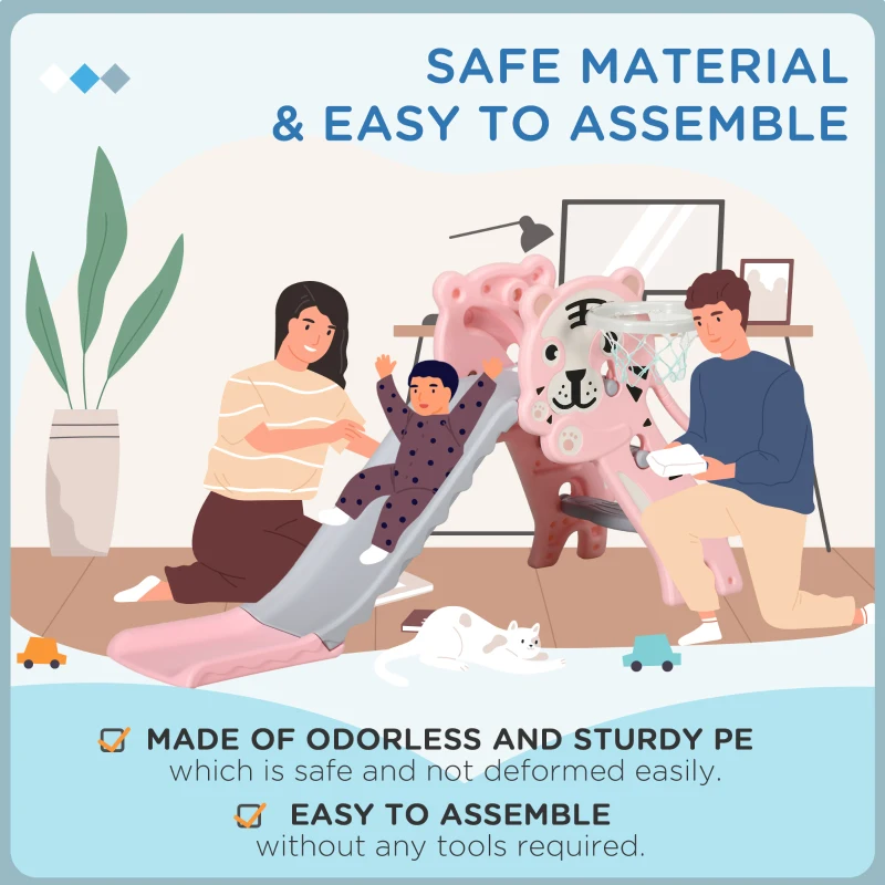 AIYAPLAY 3 in 1 Baby Slide for Indoor Use with Climber, Basketball Hoop, Basketball, for Ages 18-36 Months - Pink