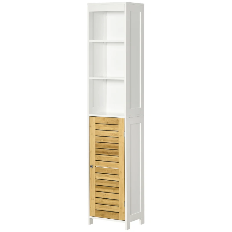 kleankin Coluna Casa de Banho Móvel Auxiliar Casa de Banho com Porta de Bambu e 3 Prateleiras 35x27x171cm Branco e Madeira