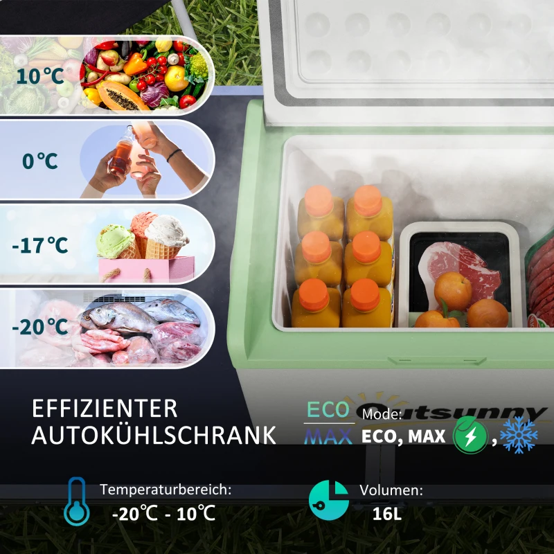 Outsunny Auto Koelkast, Koelbox, 16L, -20℃ tot 10℃, ECO/MAX, 60x32x26cm, Groen/Grijs