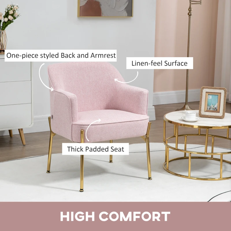 HOMCOM Accent Chair, Living Room Armchair, Vanity Chair with Gold Plating Metal Legs and Soft Padded Seat for Bedroom and Café, Set of 2, Pink
