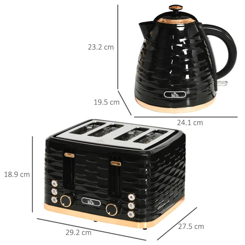 HOMCOM Kettle and Toaster Sets, 3000W 1.7L Rapid Boil Kettle & 4 Slice Toaster with 7 Browning Controls, Defrost, Reheat and Crumb Tray, Otter thermostat, Black(m-3)