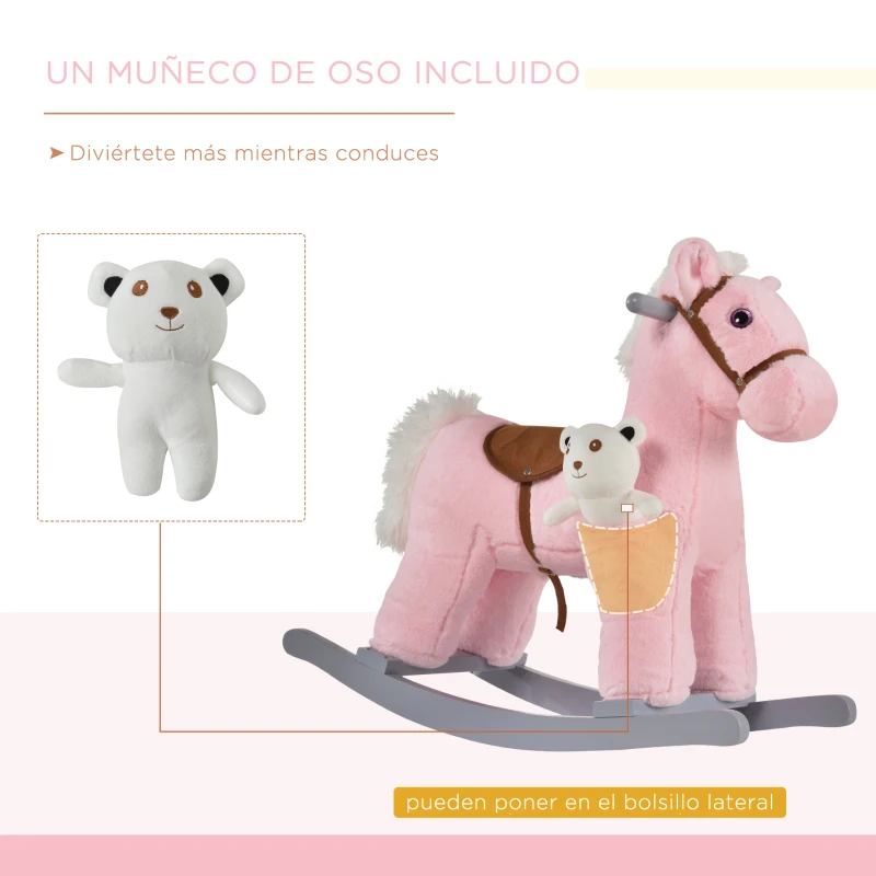 HOMCOM Caballito Balancín con Felpa con Osito de Peluche para Niños 18-36 Meses Caballo Mecedora Sonidos de Relincho y Galope Base de Madera Asiento 35 cm Carga 30 kg 65x26x55 cm Rosa