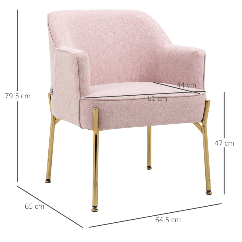 HOMCOM Accent Chair, Living Room Armchair, Vanity Chair with Gold Plating Metal Legs and Soft Padded Seat for Bedroom and Café, Set of 2, Pink