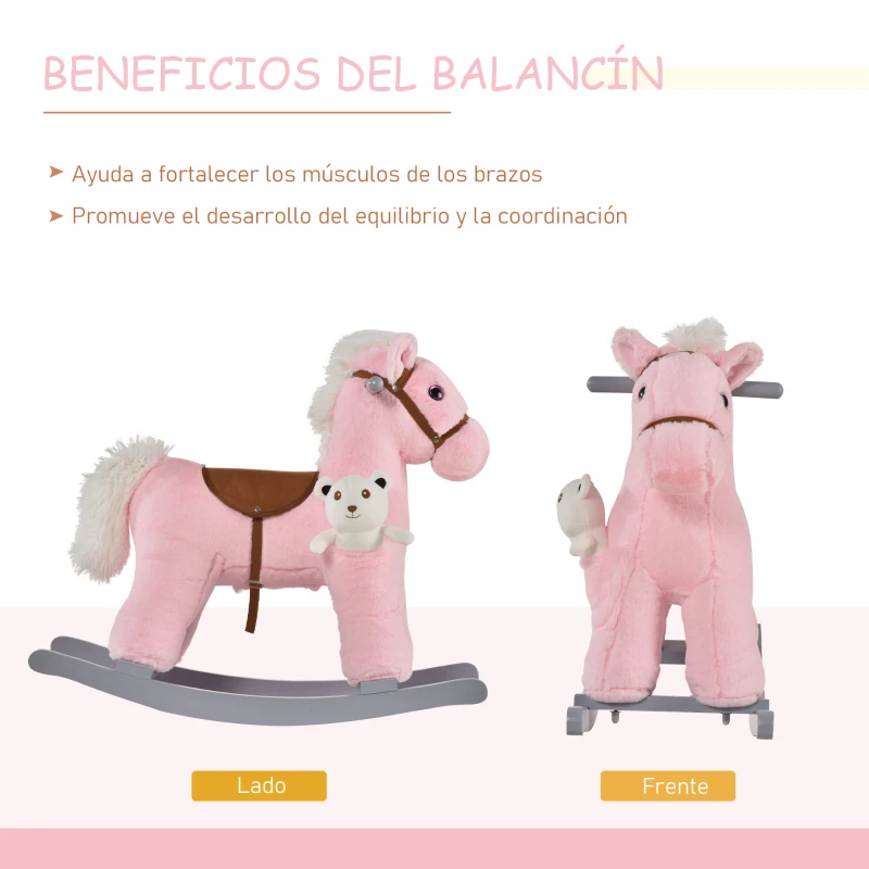 HOMCOM Caballito Balancín con Felpa con Osito de Peluche para Niños 18-36 Meses Caballo Mecedora Sonidos de Relincho y Galope Base de Madera Asiento 35 cm Carga 30 kg 65x26x55 cm Rosa