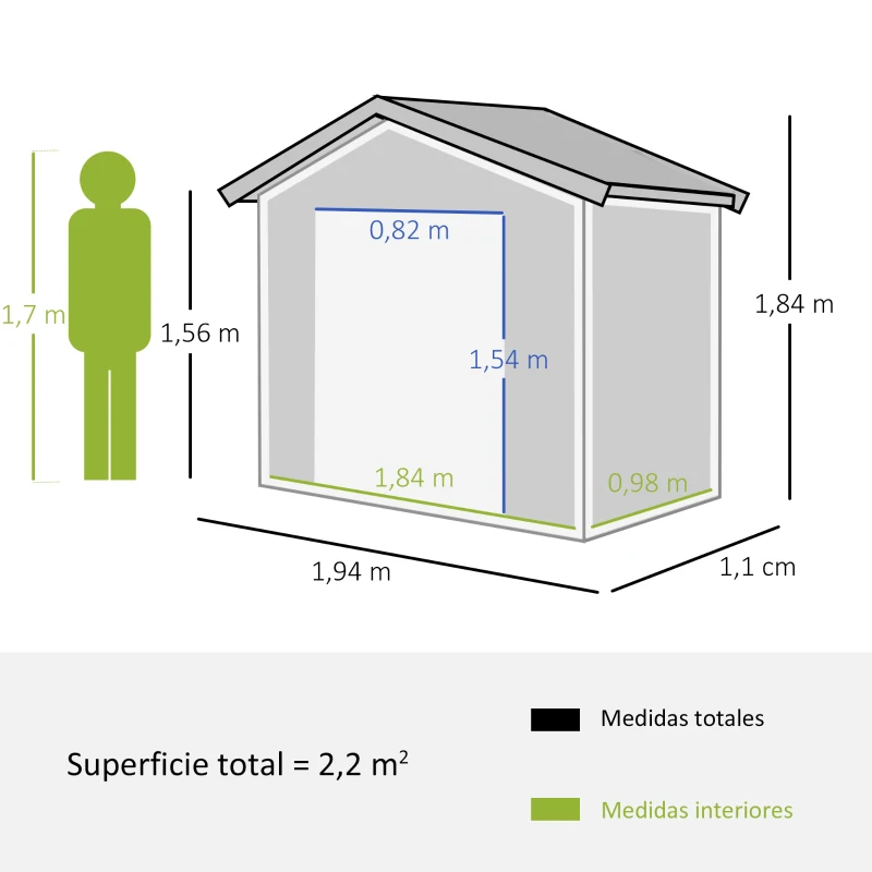Outsunny Caseta de Jardín 2,2 m² 194x110x184 cm Cobertizo de Acero Galvanizado para Almacenamiento de Herramientas con Puerta Corrediza y 4 Ventanas para Terraza Exterior Verde