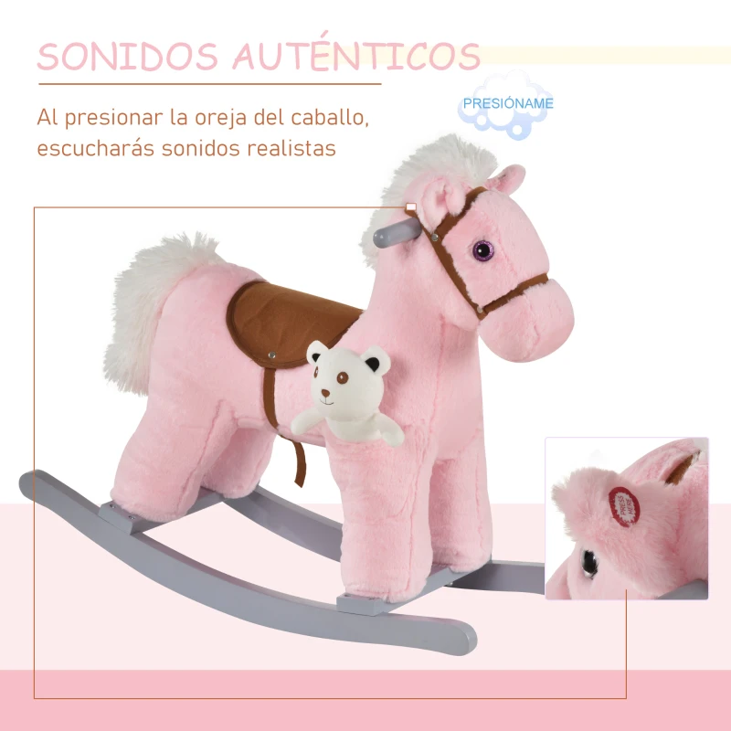 HOMCOM Caballito Balancín con Felpa con Osito de Peluche para Niños 18-36 Meses Caballo Mecedora Sonidos de Relincho y Galope Base de Madera Asiento 35 cm Carga 30 kg 65x26x55 cm Rosa