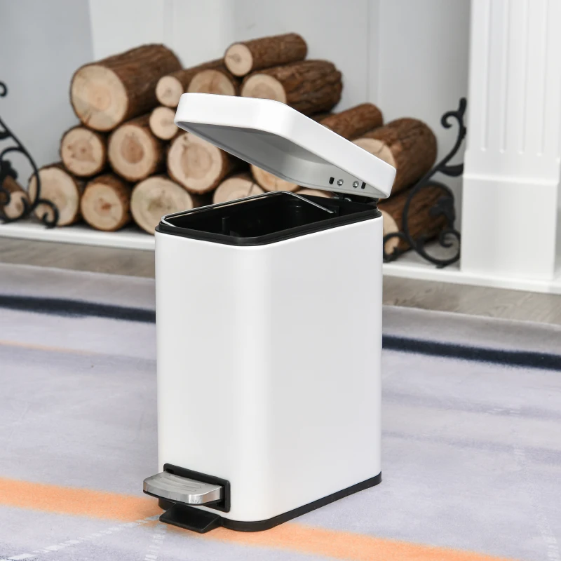 HOMCOM 5L Rectangular Compact Bin Steel Body Removable Bucket Quiet-Close Lid w/ Pedal Lid Rubbish Trash Can Home Office Bedroom Bathroom Living Room Garbage Tidy Clean White