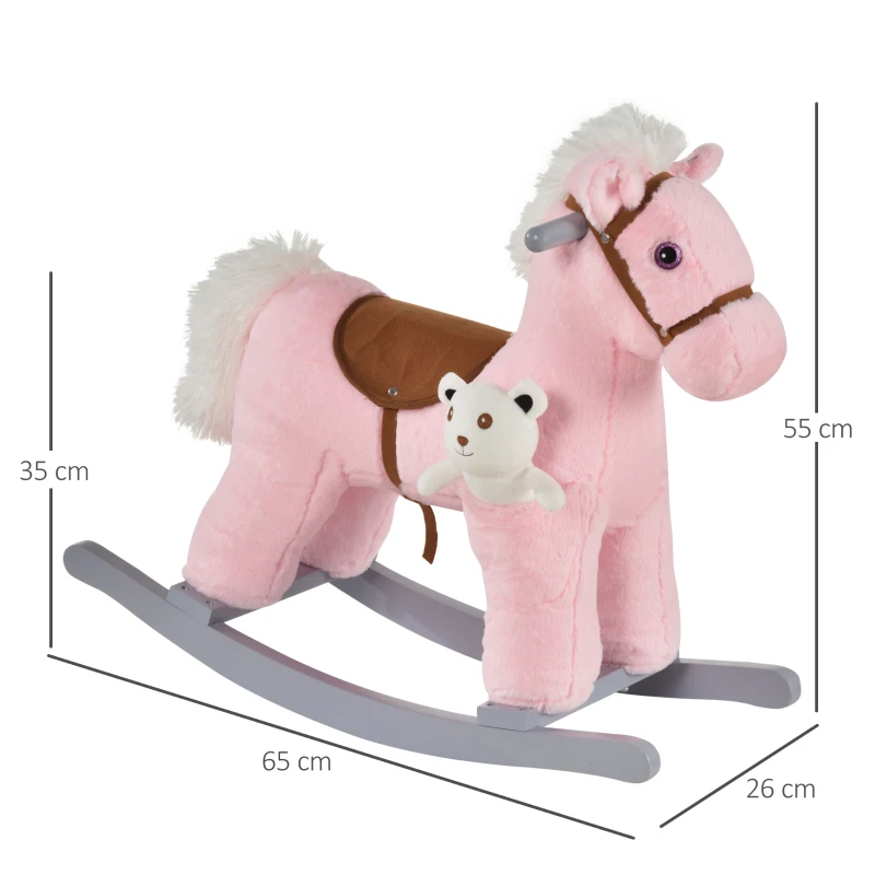 HOMCOM Caballito Balancín con Felpa con Osito de Peluche para Niños 18-36 Meses Caballo Mecedora Sonidos de Relincho y Galope Base de Madera Asiento 35 cm Carga 30 kg 65x26x55 cm Rosa