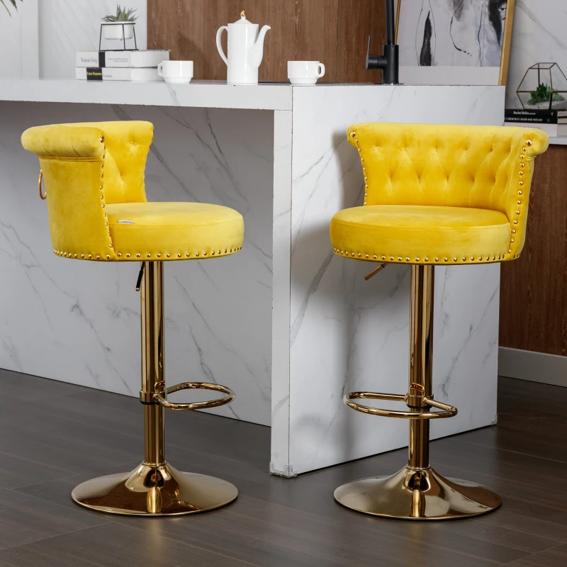 Set aus 2 drehbaren und höhenverstellbaren Barhockern mit Lehne und Fußstütze für Küche und Esszimmer, Gelb