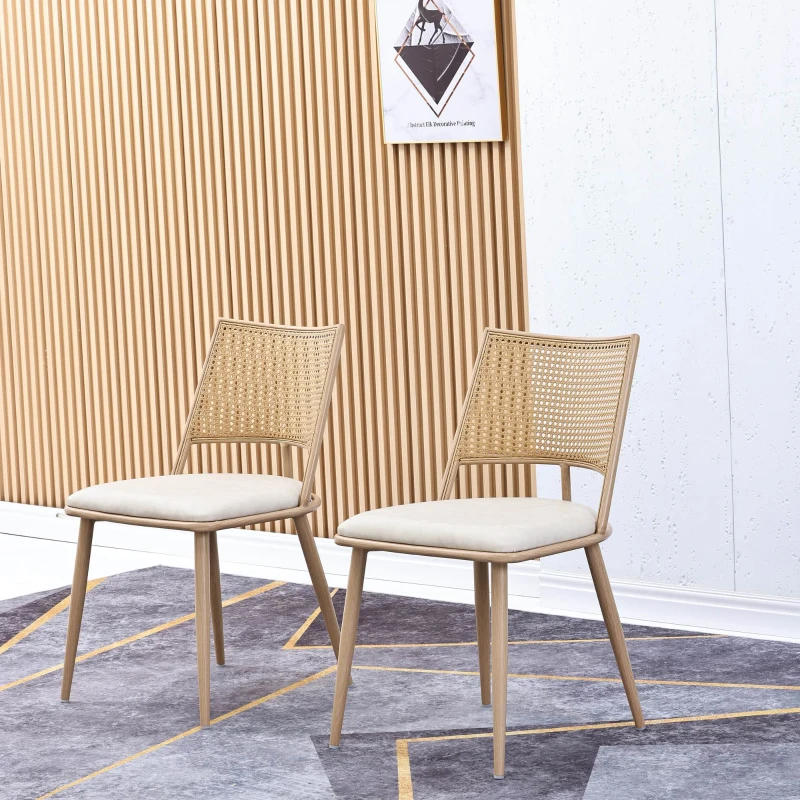 Set di 2 sedie da pranzo con Seduta in Finta Pelle e Schienale in Rattan, Struttura in Metallo, 46x48x80 cm, Beige