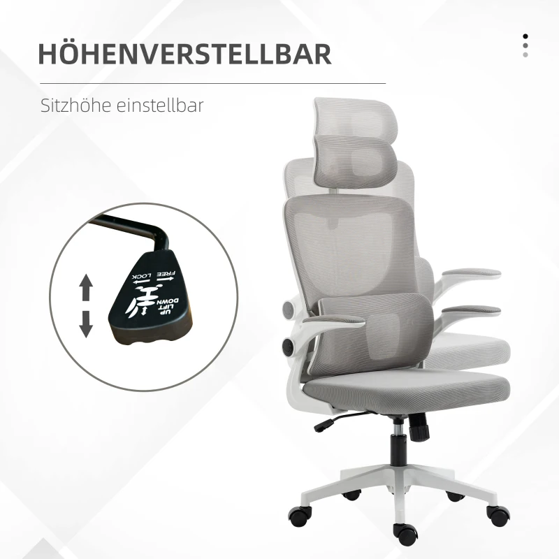 Vinsetto Bureaustoel, in hoogte verstelbaar, kantelbare rugleuning, verstelbare hoofdsteun, tot 120 kg, 60x59x114-122 cm, Grijs(m-4)