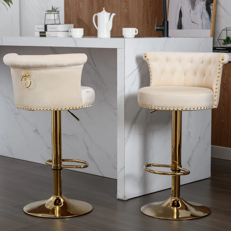 Set aus 2 drehbaren und höhenverstellbaren Barhockern mit Lehne und Fußstütze für Küche und Esszimmer, Beige