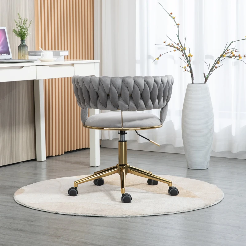 Design-Bürostuhl mit Bezug in Samtoptik, 360° drehbar, höhenverstellbar, bis 127kg belastbar, vergoldeter Fuß, Grau