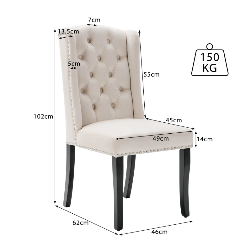 Set di 2 sedie in tessuto effetto velluto con design moderno a bottoni, 46x62x102 cm, Beige