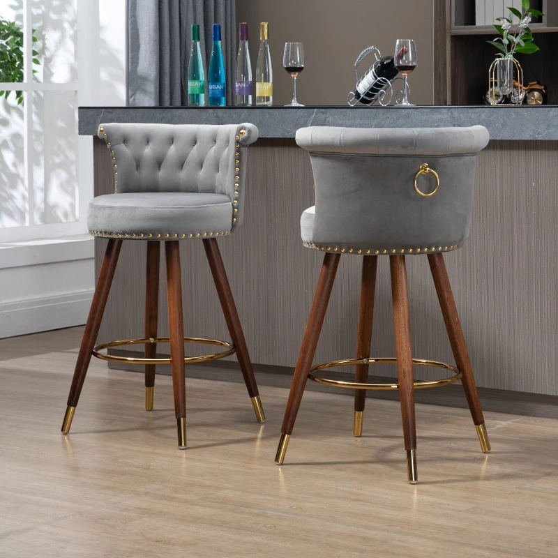 Set aus 2 höhenverstellbaren Barhockern mit Lehne mit Bezug in Samtoptik und Nieten, Holzbeinen für Küche und Esszimmer, weicher Sitz, Grau