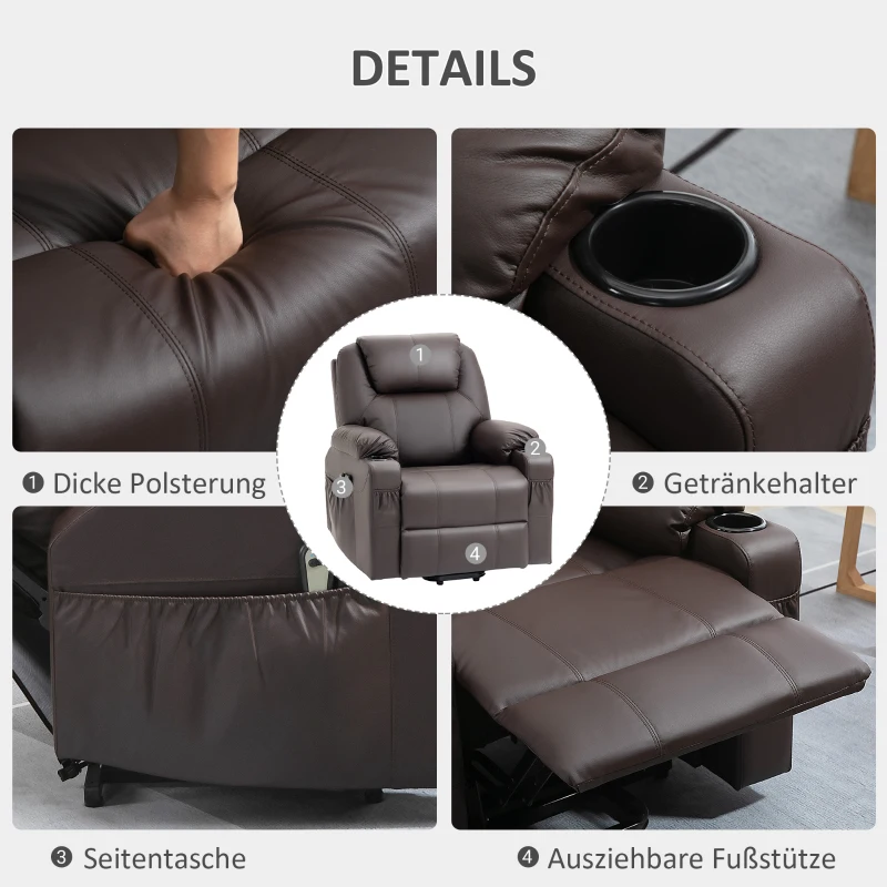 HOMCOM Massagestoel met Opstahulp, Ligfunctie, Kunstleer, tot 180 kg, 88 x 99 x 106 cm, Bruin