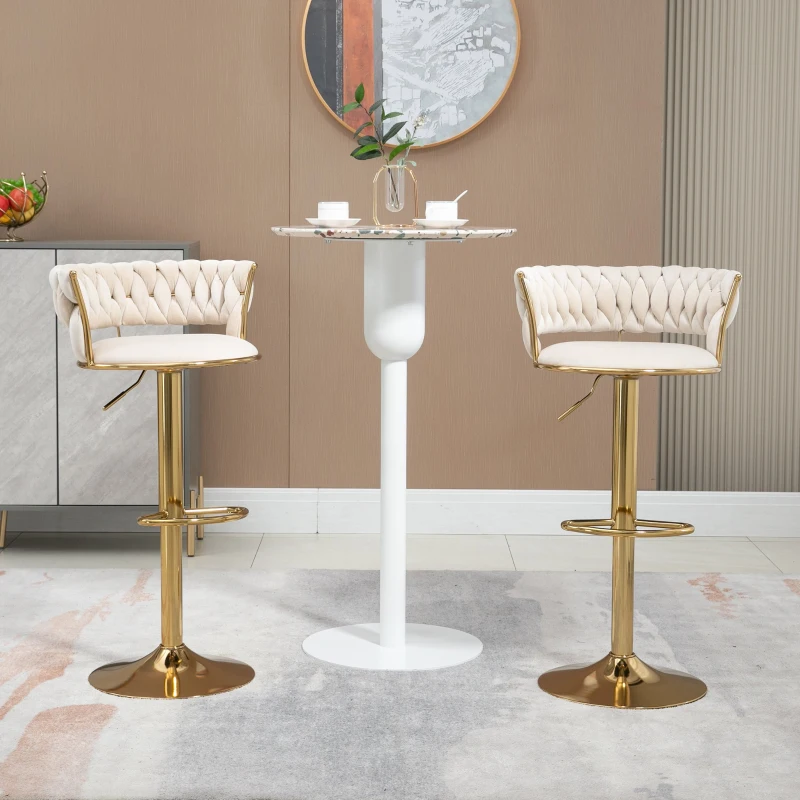 Set aus 2 höhenverstellbaren Barhockern mit Lehne, 360° drehbar, mit Bezug in Samtoptik, Elfenbeinweiß