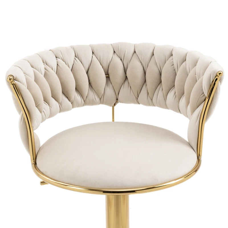 Set aus 2 höhenverstellbaren Barhockern mit Lehne, 360° drehbar, mit Bezug in Samtoptik, Elfenbeinweiß