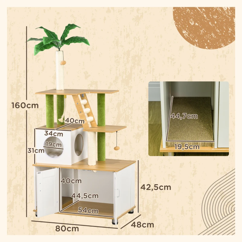 PawHut Krabpaal Katteboom, inclusief Kast, 1 Kattenhol, 80 x 48 x 160cm, 1 Ladder, Eik + Wit